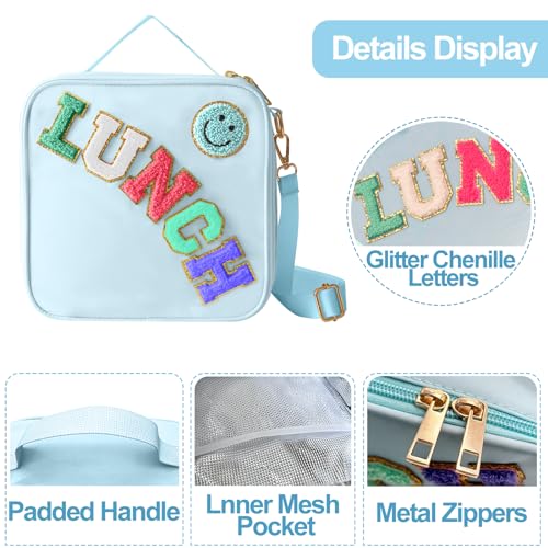 Insulated Lunch Bag With Adjustable Shoulder Strap, Nylon Preppy Lunch Box Large Insulated Lunch Bag Reusable Lunch Tote Bag with Smiley Preppy LunchBag for Girls School Travel Picnic (Blue) - color: Blue