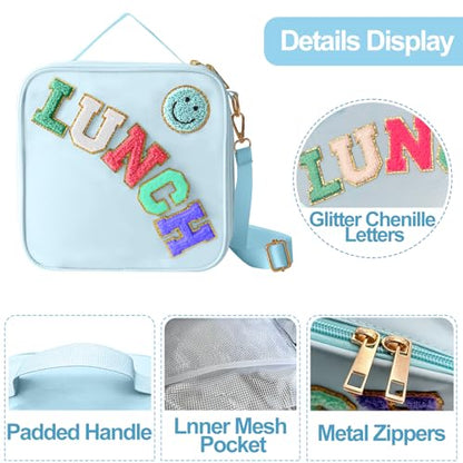 Insulated Lunch Bag With Adjustable Shoulder Strap, Nylon Preppy Lunch Box Large Insulated Lunch Bag Reusable Lunch Tote Bag with Smiley Preppy LunchBag for Girls School Travel Picnic (Blue) - color: Blue