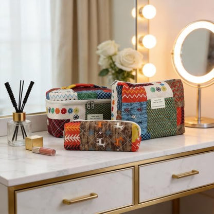 3PCS Coquette Makeup Bag,Quilted Cosmetic Bag Large Make Up Bag Set,Quilted Portable Toiletry Organizer Bag,Cotton Travel Skincare Bag for Women Girls(04-Boho) - style: 04-boho Quilted
