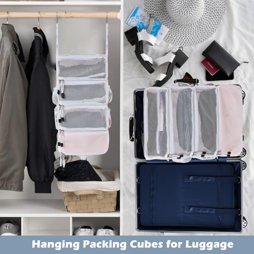 Surblue Hanging Travel Organizer Portable Hanging Luggage Organizer Multiple Compartments Collapsible Compression Closet Packing Cubes,Pink,M - color: Pink, size: Medium