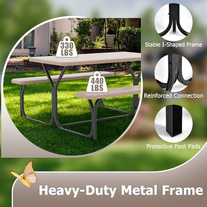 GYMAX Picnic Table, Picnic Bench Easy to Assemble w/All Weather Wood Grain Tabletop & Metal Frame, Picnic Tables for Outdoors Camping Backyard Deck Patio Poolside Dining Party - color: Brown