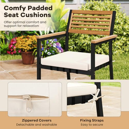 HAPPYGRILL 4-Piece Patio Dining Set, Outdoor Acacia Wood Metal Furniture with Rectangular Table, 2 Armchairs, 1 Loveseat, Removable Cushions, Umbrella Hole, for Poolside Backyard Garden