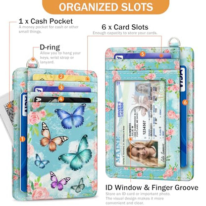 Yonlevres Credit Card Holder Slim Wallet, Butterfly RFID Wallet Women Front Pocket Small Card Holder, Travel Cute Funny Thin Card Case ID Window PU Leather RFID Blocking Card Organizer Gifts Girls - color: Butterfly Flower