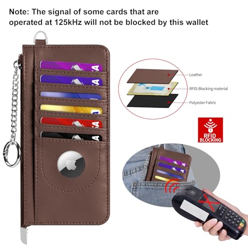 RFID Blocking Slim Credit Card Holder Wallet with Zipper Money Pocket & Keychain, Slim Airtag Wallet for Men Women - color: Cowhide Glossy Brown