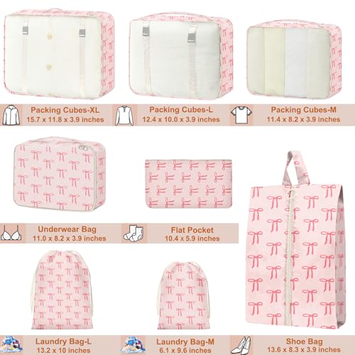 8 Set Packing Cubes for Travel Suitcase Organizer Bags Luggage Packing Cubes Set Travel Essentials Accessories Gifts for Women - color: Pink Bow