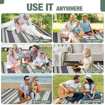 Picnic Blankets Outdoor Extra Large - 80"x80" Portable Waterproof Picnic Blanket, Machine Washable 3-Layer Foldable Picnic Mat with Sandproof Backing for Grass, Park, Hiking, Concerts (GreenStrip) - color: Green