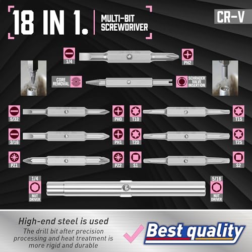 Amartisan 18-in-1 Multi-bit Screwdriver Set Tool All in One, Portable Multi-Purpose Screwdriver, Slotted/Philips/Pozi/Torx/Square,Nut Driver (Pink) - color: Pink, size: 18-in-1 Multi-bit Screwdriver Set