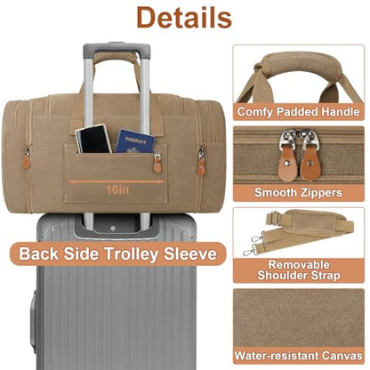 Canvas Mens Duffle Bag for Travel - Expandable 50L Weekender Bags with Toiletry Bag, Overnight Bag Travel Duffel Carry On Luggage with Removable Shoulder Strap, Durable & Water-Resistant - color: 5-Khaki
