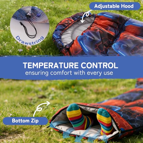 tuphen Kids Sleeping Bag - 50-77℉ 3-Season Waterproof Sleeping Bag for Boys & Girls, Lightweight 2.2 lbs Camping Gear with Compression Bag Ideal for Camping, Hiking, Indoor - color: Blue&Red