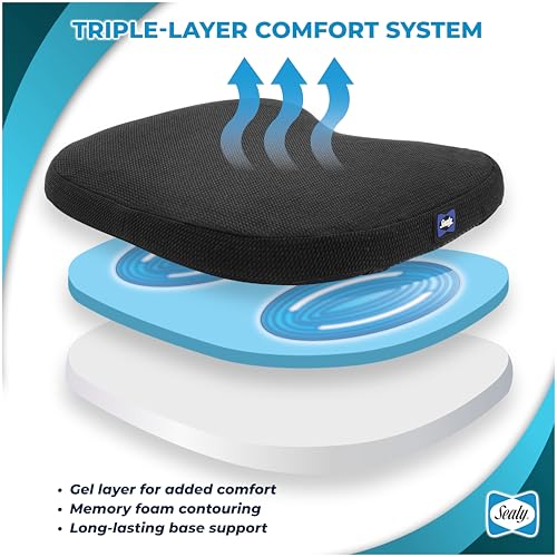 Sealy Memory Foam Car Seat Cushion – Gel Seat Cushions for Office Chairs, Tailbone Pain Relief Cushion, Cooling Pillow, Slim Fit Car Seat