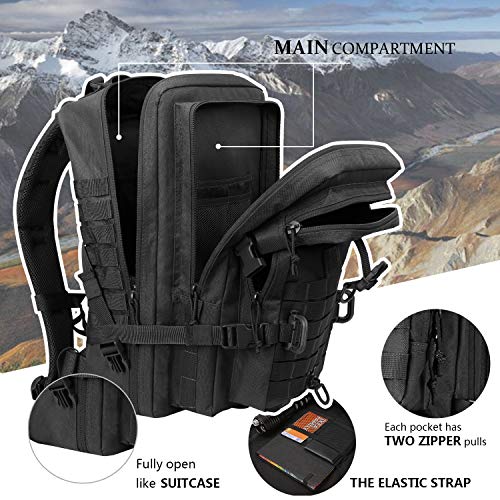 Hannibal Tactical MOLLE Assault Backpack, Tactical Backpack Military Army Camping Rucksack, 3-Day Pack Trip w/USA Flag Patch, D-Rings, Black - color: Black