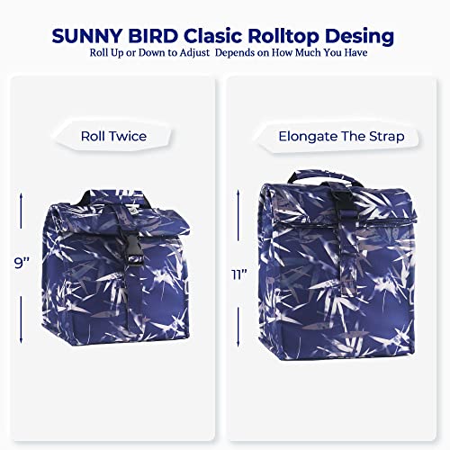 SUNNY BIRD Insulated Lunch Bag Rolltop Lunch Box Tote Bag for Women, Men, Adults and Teens (Blue Bamboo) - color: Blue Bamboo