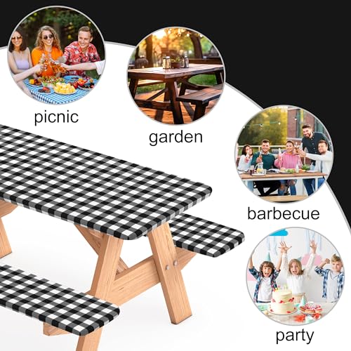 3 Pcs Set Fitted Picnic Table Cover with Bench Covers Vinyl Camping Table Cloth Flannel Backing Picnic Table Cloth for 6ft Tables Camping Outdoor (Black Checked, 30 x 72 Inches) - color: Black and White Plaid