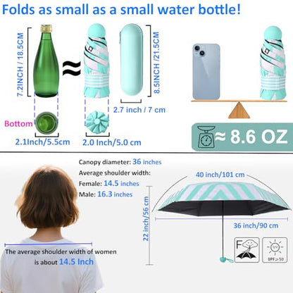 BAODINI Travel Essentials Mini Umbrella for Purse With Case Small Compact UV Sun Protection Lightweight Tiny Pocket Manual Open Close Umbrella for Women Kids and Men Fits Purse Backpack - color: H-1-Green Stripes