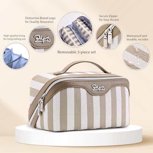 BOYATU Travel Makeup Bag Cosmetic Bag for Women: 3 Pcs Set Striped Make up Bag with Compartment - Waterproof Vegan Leather Toiletry Bag with Handle - Makeup Organizer for Travel Essential(A-6-Apricot) - color: A-6-Apricot