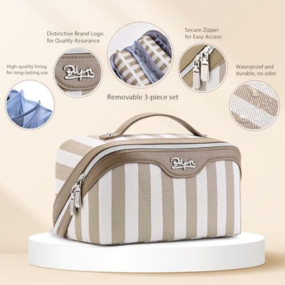 BOYATU Travel Makeup Bag Cosmetic Bag for Women: 3 Pcs Set Striped Make up Bag with Compartment - Waterproof Vegan Leather Toiletry Bag with Handle - Makeup Organizer for Travel Essential(A-6-Apricot) - color: A-6-Apricot
