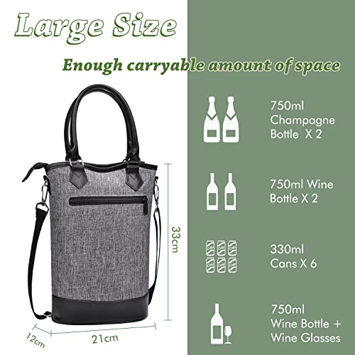 Tirrinia Insulated Wine Gift Carrier Tote - Travel Padded 2 Bottle Wine/Champagne Cooler Bag for Portable Wine Bottle Carrying Case, Women Men Event party, Gift for Wine Lovers - color: Grey