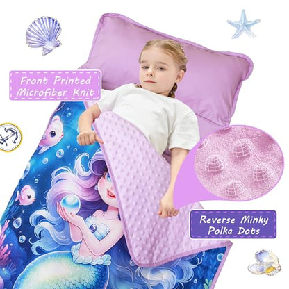 Lasoftan Toddler Nap Mat with Pillow and Blanket, Extra Large Rolled Napping Mats,Slumber Bags for Boys Girls,Kids Sleeping Bag for Daycare, Preschool Travel Camping - color: Blue Mermaid