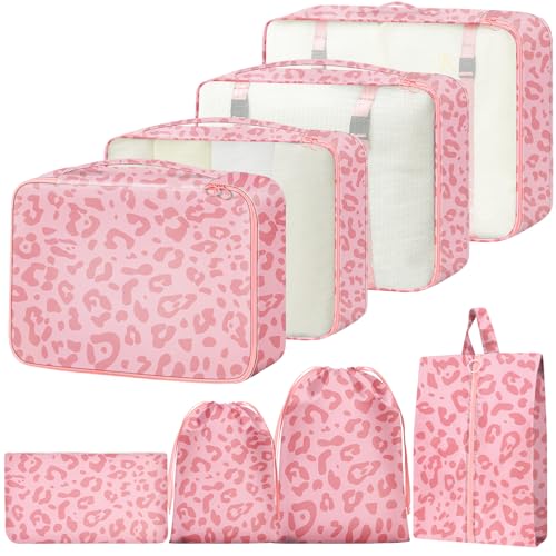 Packing Cubes for Travel - 8 Set Luggage Organizer Bags for Family, Mesh Breathable Packing Cubes for Suitcases Durable Travel Essentials Bags Set - color: Pink Leopard