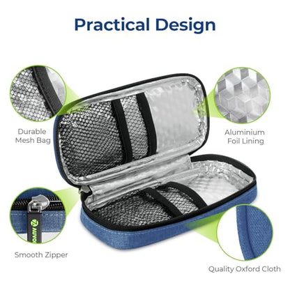 AUVON Insulin Pen Cooler Travel Case with 2 * 90g TSA Approved Ice Packs, Diabetic Medication Insulated Cooling Bag for Insulin Pens and Diabetic Supplies Storage, Compact for Daily Life and Trips - color: Blue