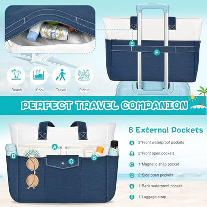 Beach Bags for Women Large Canvas Beach Tote with Zipper Wet Pocket, Waterproof Foldable Swim Pool Travel Tote Bags - color: Navy Blue