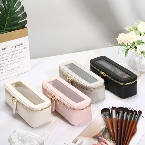 Aveniee Clear Makeup Brush Bag,Slim Cosmetic Brush Holder,Small Toiletry Bag Mini Travel Case for Women,Thin Make up Bags with Dual Zipper,Cute Travel Essentials Organizer,White - color: Off-White, style: Slim Elegance