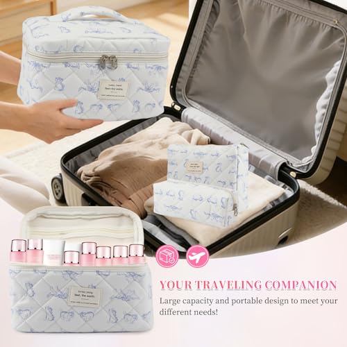 3PCS Coquette Makeup Bag，Quilted Cosmetic Bag Large Make Up Bag Set，Quilted Portable Toiletry Organizer Bag，Cotton Travel Skincare Bag for Women Girls (01-Blue Cat) - style: 01-blue Cat