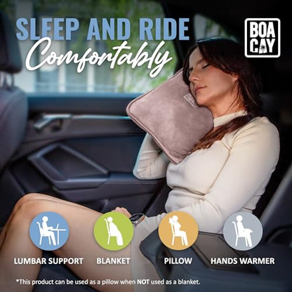BOACAY Soft & Warm Travel Blanket for Airplane & Car - Long Flight Essential for Women, Men, Kids - Compact Pillow with Luggage Sleeve & Backpack Clip - color: Pink