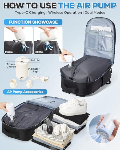Vacuum Backpack Travel Backpack with vacuum system with Pumpm, Mochila de Viaje Compresion al vacio, Personal Item Carry on Bag, Black - color: C- Black