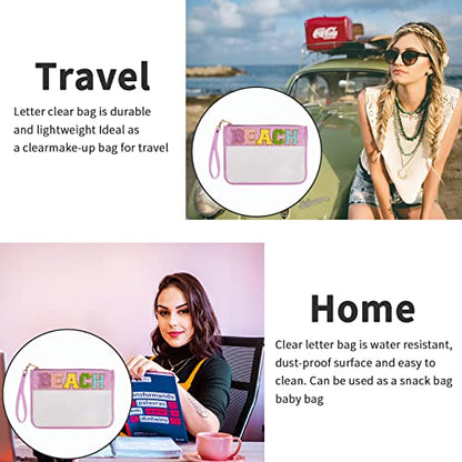 Iqimott Monogram Clear Letter Beach Bag Flat Pouch, Chenille Glitter Letter Patch Makeup Cosmetic Bag Zipper Toiletry Pouch, Portable Travel Beach Snack Wristlet Bags for Women Girls(Beach, Purple) - color: Beach-Purple