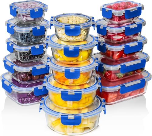 Razab 30 PC Glass Food Storage Containers with Lids - Reusable Glass Meal Prep Containers for Lunch and Leftovers - Airtight & Leakproof Snap Locking Lids - Oven, Freezer, Microwave, Dishwasher Safe - color: Blue