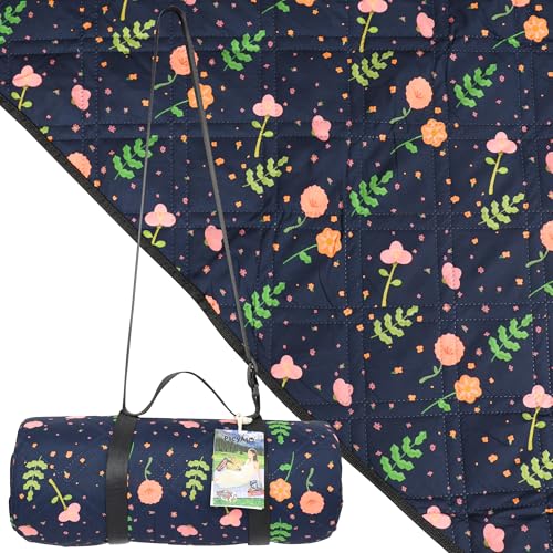 Outdoor Picnic Blanket Blue Floral 80"x80" Large Sandproof Beach Blanket Waterproof Picnic Blankets Foldable for Caming, Beach, Outdoor Activities. - color: Blue Floral, size: 80"x80"