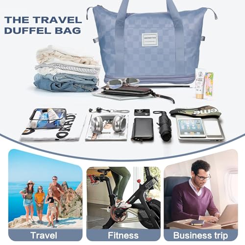 Expandable Rolling Duffle Bag - Large Carry-On With Spinner Wheels, Foldable Weekend Travel Bag, 28-58L Capacity（Backpack-Blue Checkboard） - color: Backpack-Blue Checkboard, style: Backpack