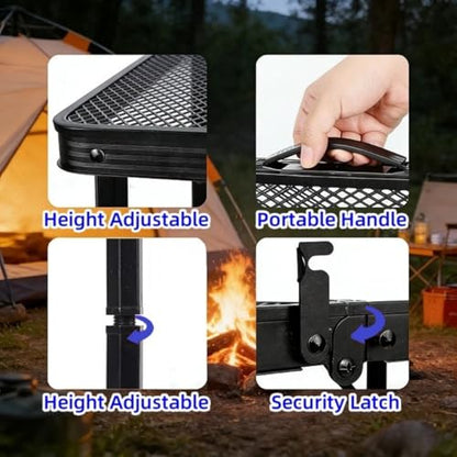 Gawerk Folding Portable Camping Grill Table, Lightweight Adjustable Height Metal Aluminum Picnic Table with Heat-Resistant Mesh Top for Outdoor, Barbeque, Camping & Travel, 24" x 16", Black
