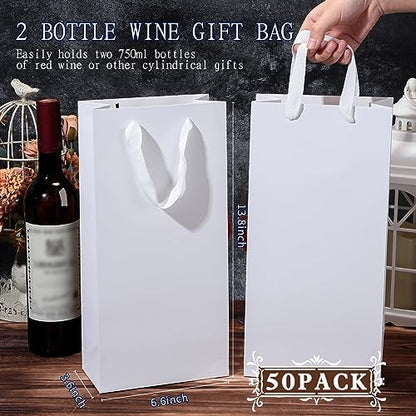 Yeaqee 50 Pack Wine Bags for Wine Double Bottles Gifts Carriers 6.6x3.6x13.8 Craft Bottle Bags Bulk with Handles Paper Tumbler Carriers, Party Gift Pocket with Handle(White) - color: White
