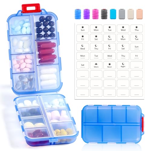 14 GRIDS Travel Pill Organizer Box with Labels - Travel Medicine Case Kit - Pocket Daily Pharmacy Container - Travel Medication Holder Dispenser for Fish Oil Vitamin Supplement Storage - Clear Blue - color: Clear-blue, size: with White Labels