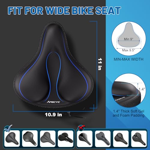 APECYC Bike Seat Cushion Gel Padded Saddle Cover for Men Women - Extra Padding Soft Comfort Bicycle Seat Cushion for Peloton, Stationary, Spin, Mountain, Road, Ebike - size: Wide