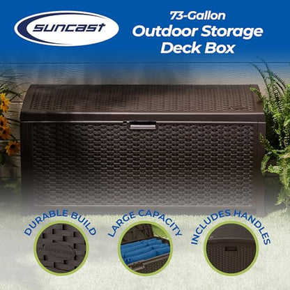 Suncast Outdoor Storage Box - 73 Gallon Mocha Brown Deck Box for Patio, weather-resistant Outdoor Storage Bench, Resin Wicker Style, Heavy-Duty, Lockable Lid for Cushions, Shoes, Pool & Garden Gear - style: Deck Box