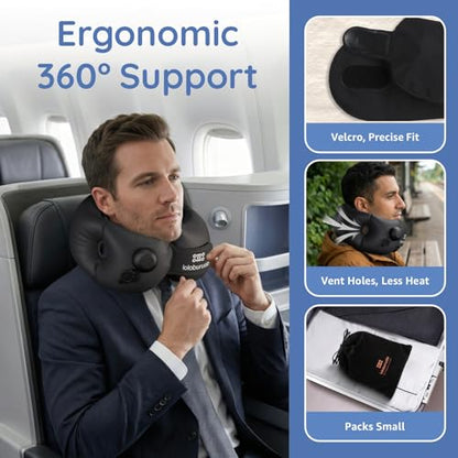 Inflatable Neck Pillow, Portable Travel Neck Pillow Airplane, Storable Black Neck Pillows Travel with Washable Cover, Adjustable Air-Fill Support