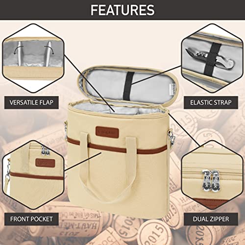Opux 3 Bottle Insulated Leakproof Wine Cooler Bag, Tote for Picnic Beach, Portable Carrying Case, Cream - color: Cream Beige
