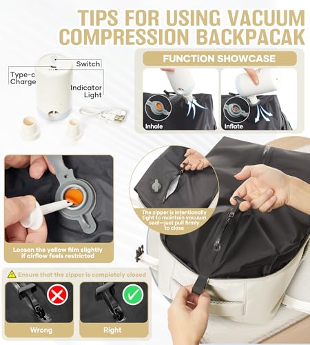 BOXSAM Vacuum Travel Backpack with Pump for Women, Personal Item Carry on Vacpack Backpacks Flight Approved 18x14x8 inches for Men,Laptop Waterproof Work Compression bags Casual Daypack,Beige