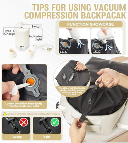 BOXSAM Vacuum Travel Backpack with Pump for Women, Personal Item Carry on Vacpack Backpacks Flight Approved 18x14x8 inches for Men,Laptop Waterproof Work Compression bags Casual Daypack,Beige