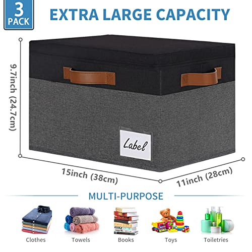 GhvyenntteS Fabric Storage Bins with Lids 3 Pack, Closet Storage Boxes with Lid and 3 Handles, Foldable Storage Baskets with Lids and Label Window for Home Office (Grey&Black, 15" x 11" x 9.7") - color: Grey with Black, size: Large-3 Pack