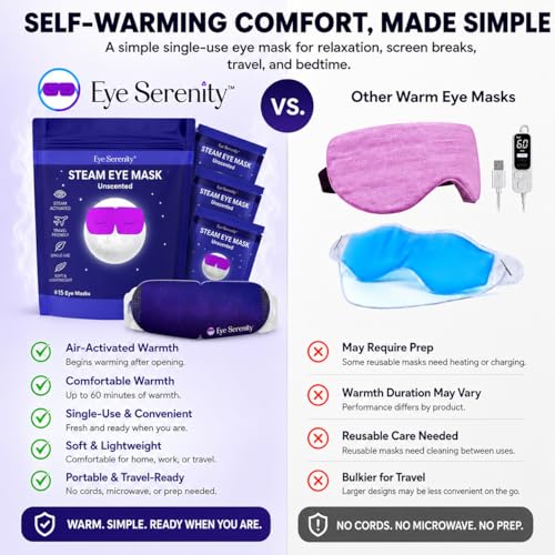 Eye Serenity Steam Eye Mask, Heated Eye Mask, Self Heating Warm Compress for Dry Eyes, Fast Relief for Stye, Puffy Sensitive Eyes, Moist Heat, Gift for Women and Men - Unscented - color: Steam Eye Mask 15 Pack, size: 15 Eye Masks