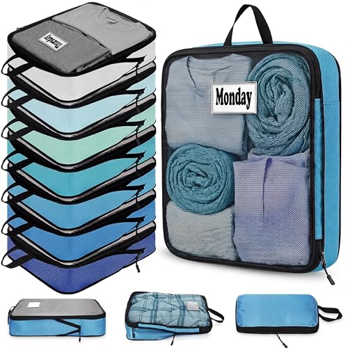 7 Pcs Packing Cubes for Travel Days of Week Compression Packing Cube with Labels Organizers Luggage Storage Bag(Blue,Large) - color: Blue