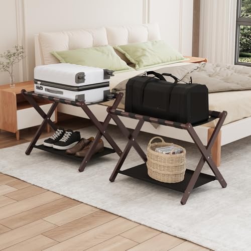 Smuxee Brown Bamboo Luggage Rack Pack of 2, Foldable Suitcase Stand with Storage Shelf, Easily Assembled Luggage Stand with 5 Nylon Straps for Guest Room Bedroom Hotel - color: Brown 2PCS