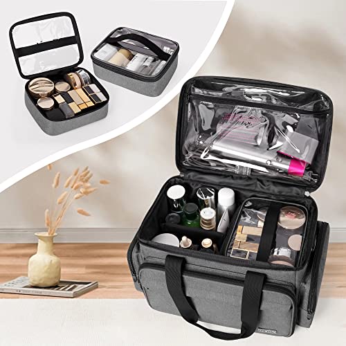 BAFASO Large Makeup Bag with 2 Removable Pouches and Detachable Dividers, Multifunctional Toiletry Bag Cosmetic Bag to Keep Makeup and Hair Supplies (Patent Pending), Gray - color: Gray