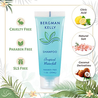 BERGMAN KELLY Hotel Toiletries Bundle (Tropical Waterfall, 1 oz each, 200 Pieces) 4-Piece Set: 50 Rectangular Bar Soap, 50 Shampoo, 50 Conditioner & 50 Body Lotion - Bulk Mini Guest Amenities - size: 1 Fl Oz (Pack of 50)
