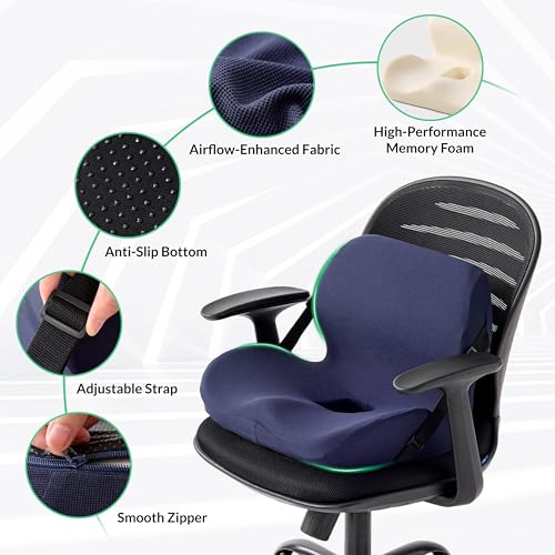 Ergonomic Seat Cushion for Sciatica Relief & Long Driving - Memory Foam Back Support with Adjustable Strap, Non-Slip Base & Removable Mesh Cover - Office, Car (Navy Blue) - color: Navy
