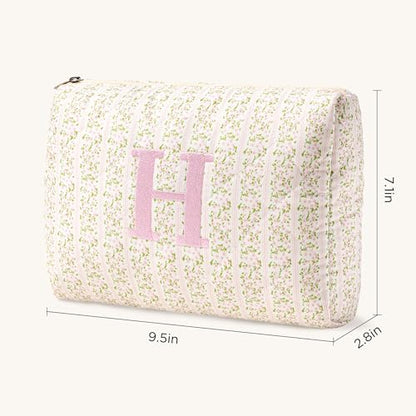HBselect Initial Quilted Makeup Bag, Pink Cosmetic Travel Toiletry Bag, Flowers Coquette Zipper Make Up Pouch Organizer Teen Girl Gift Trendy Stuff H - color: 1Pc Medium Pinkflower, style: H